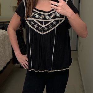 Free People Black Embroidered Tee